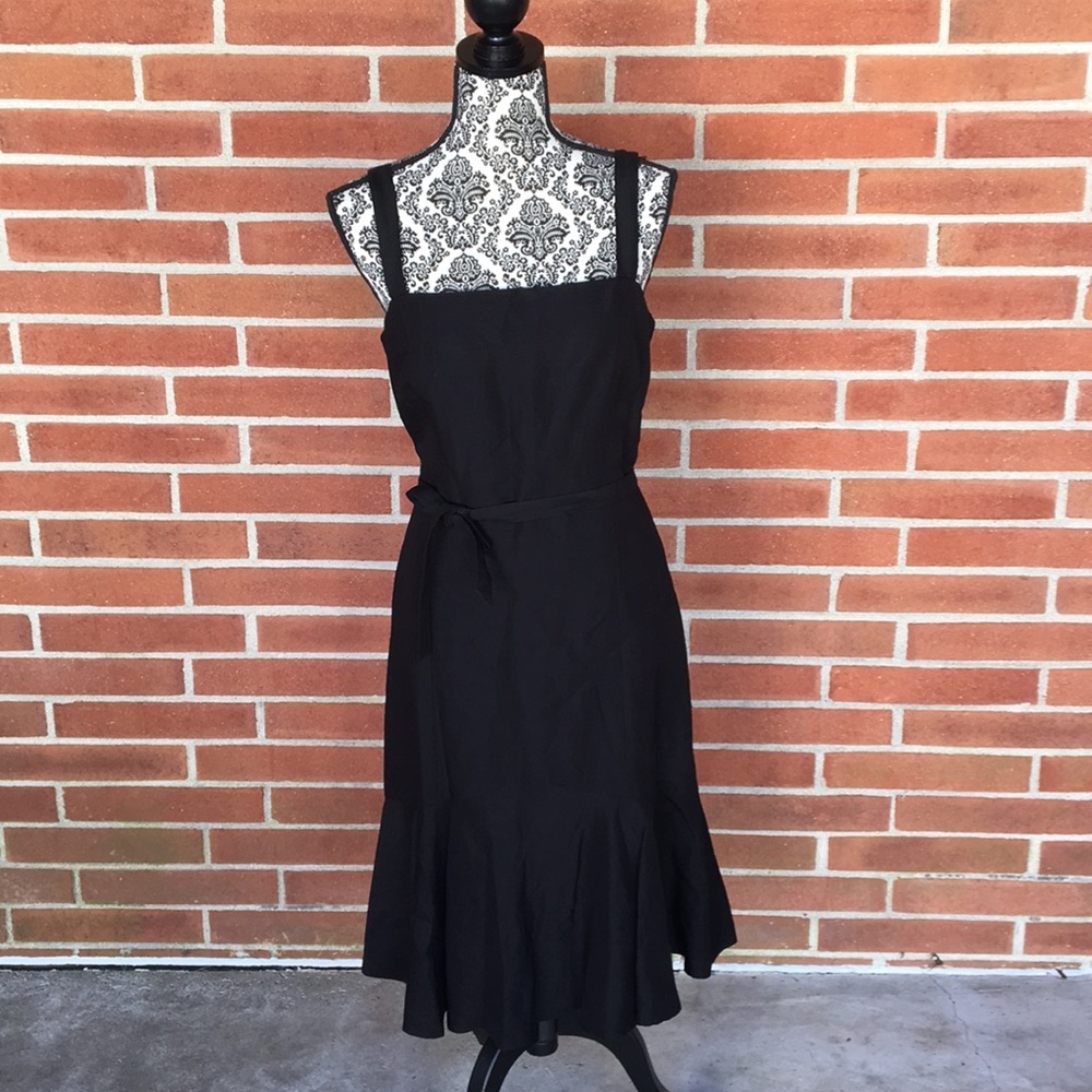 LOFT Black Square Neck Sleeveless Midi Dress with Tie Waist